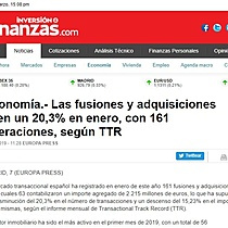 Las fusiones y adquisiciones caen un 20,3% en enero, con 161 operaciones, segn TTR